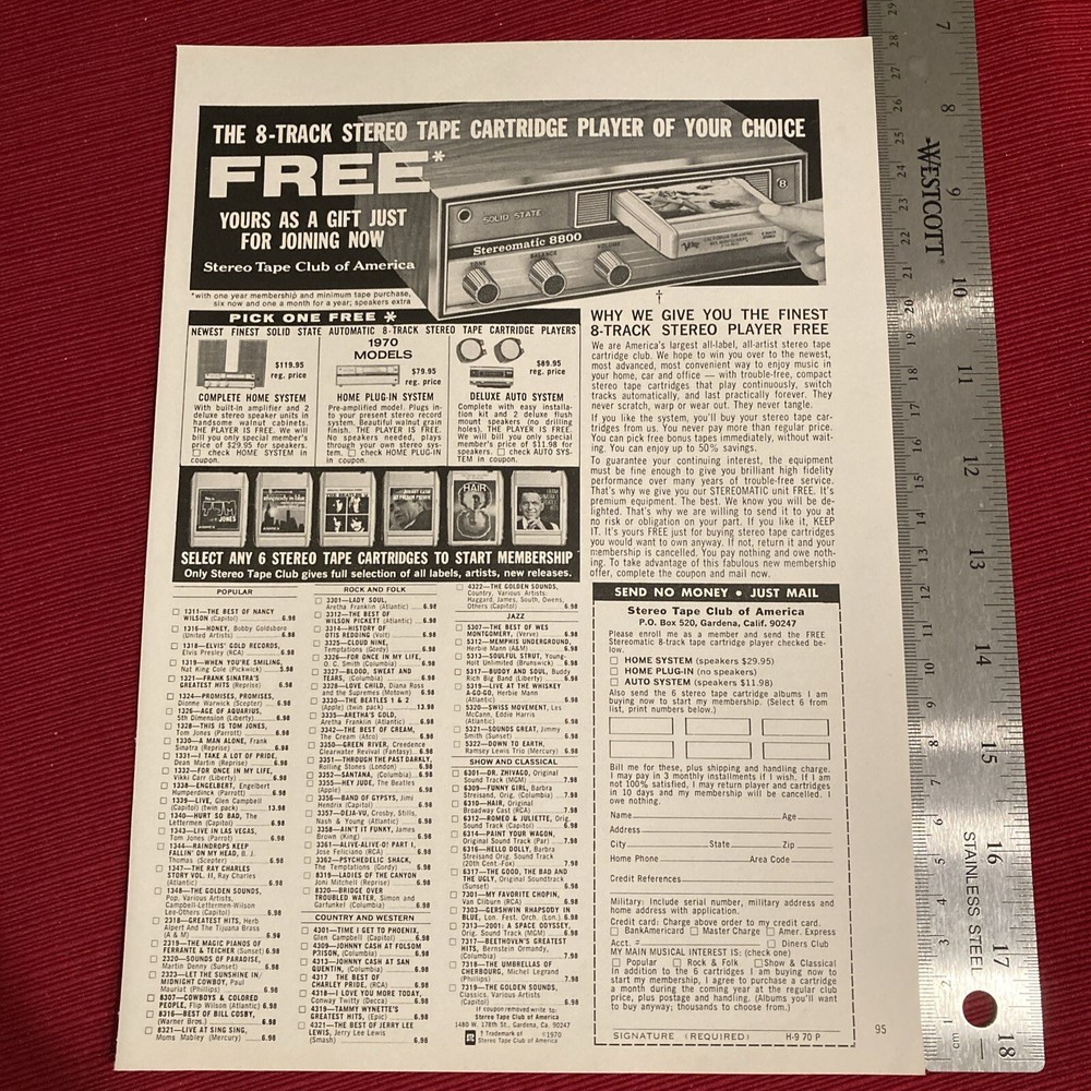 Stereo Tape Club of America Gardena, CA. 1970 Print Ad - Great To Frame!