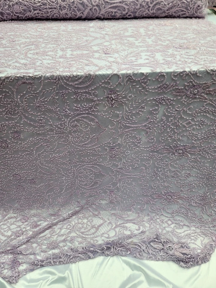 LAVENDER Beaded Lace Embroidery Lace Fabric Sold by The Yard Victorian Damask  - Image 2 of 4