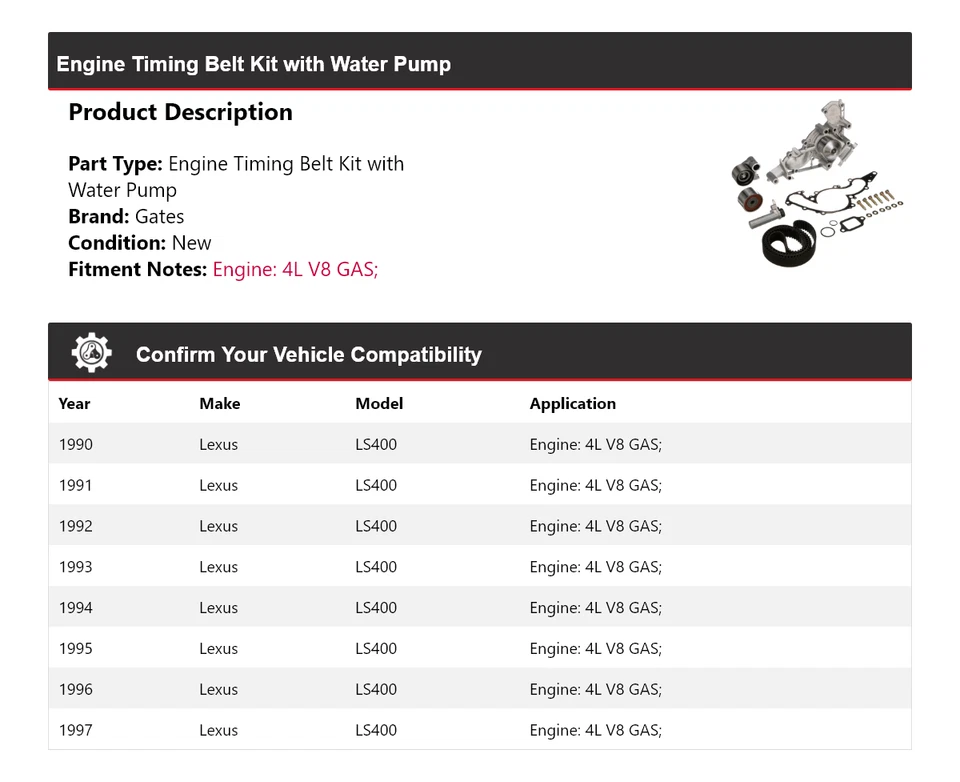 Kit de correa de distribución de motor de gasolina para Lexus LS400 1990-1997 4L V8 con puertas de bomba de agua Foto 2 de 4