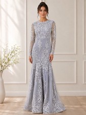 Silver Lace Mermaid Evening Gown Formal Dress Long Sleeve Mesh Maxi XS