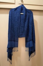 70 Pashmina 30 Silk Reversible Paisley Jacquard Fringe Shawl Wrap Blue
