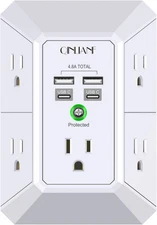 USB Wall Charger, Surge Protector, QINLIANF 5 Outlet Extender 2U2C, White 