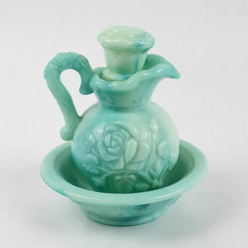 Vintage Avon Green Swirl Milk Glass Pitcher With Stopper and Basin