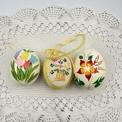 Lot of 3 Hand Painted Floral Real Egg Shell Ornate Hanging Ornament Easter Decor