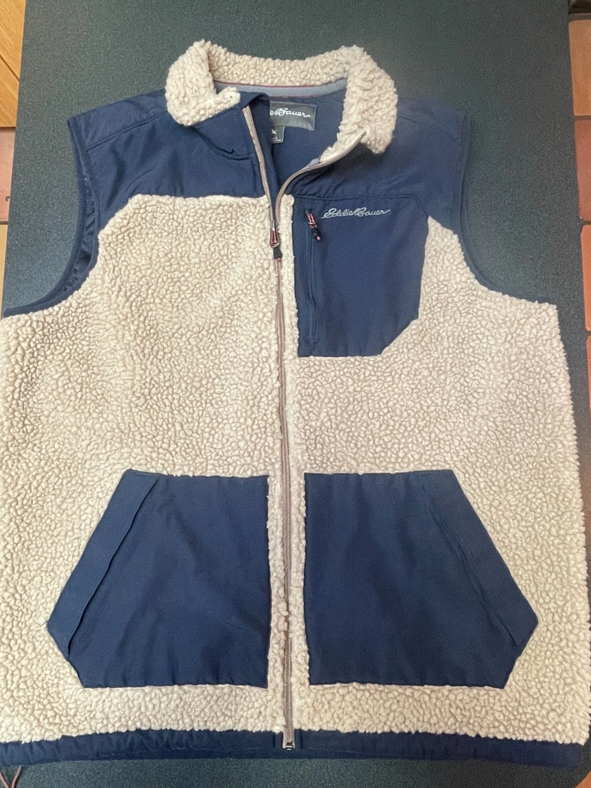 Eddie Bauer vest men's large Gorpcore Beige Fleece Blue pockets full zip
