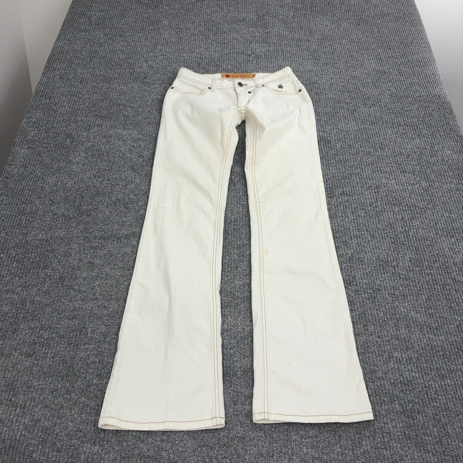 Vintage Apple Bottoms Pants Women 3/4 White Denim Embroidered Low Rise Flare Y2K
