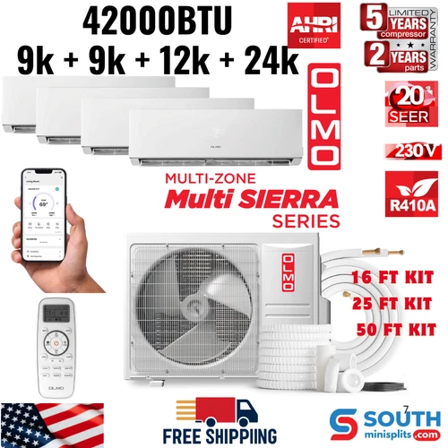 4 Zone OLMO Sierra 42,000 BTU Mini Split A/C & Heater, R410A, 9K+9K+12K+24K BTU