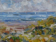 Art Original Oil Painting RM Mortensen "Through The Dunes" Beach Sea Ocean Sail