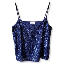 VTG Women Blue Sequin Cami Tank Top M Holiday New Years Eve Disco Cocktail Club