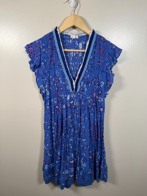 Poupette St. Barth Sasha Mini Dress Size Small Blue Foulard Floral Fringe 