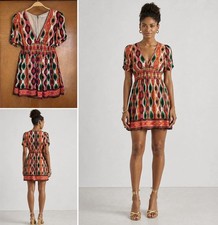 Alice + Olivia Tatiana Mini Dress Multi Boho Tribal Southwestern Print Smocked S