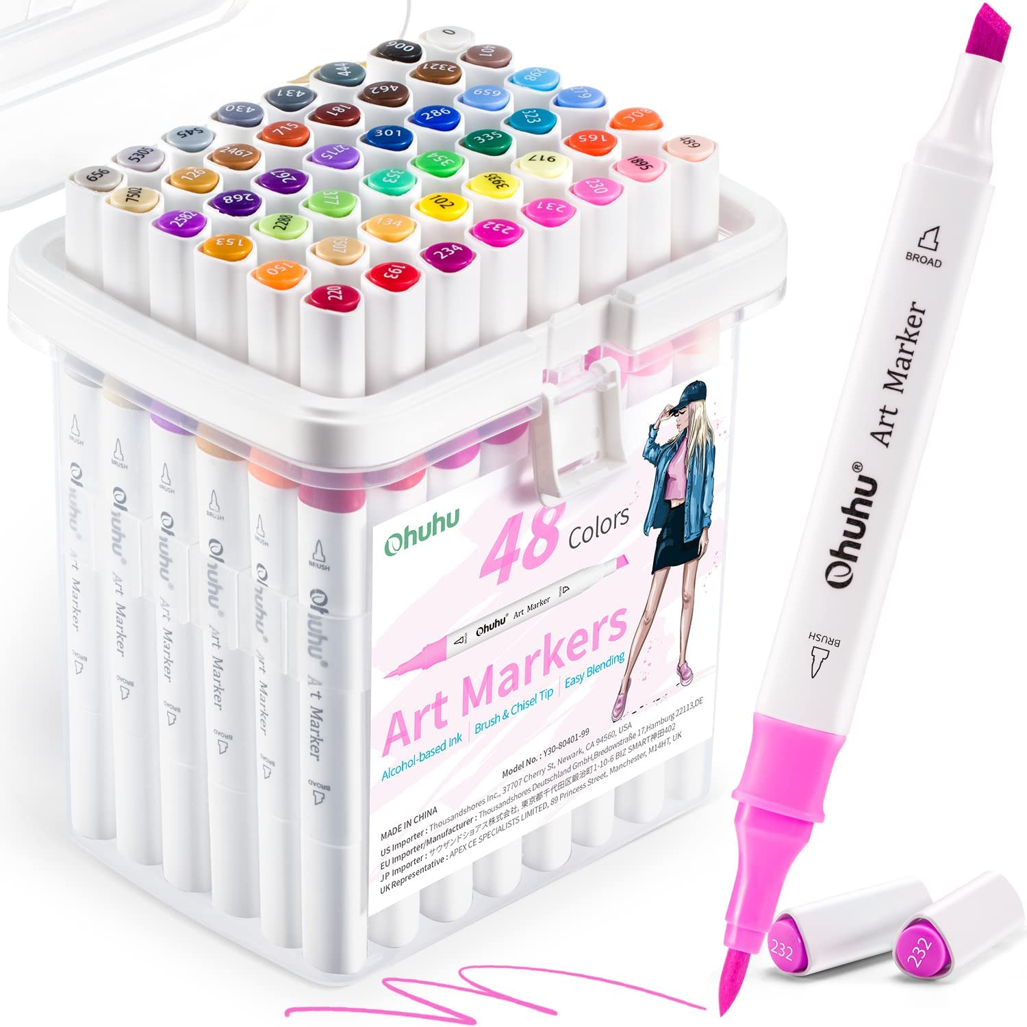 : 48-color Double Tipped Brush & Chisel Alcohol Markers For 