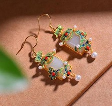 New Enamel Carved Palace Pearl Earrings Inlaid White Jade Beads Earrings Jewelry