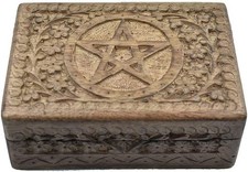 Hand Carved Wooden Trinket Storage Box Holder with STAR Carvings on Top