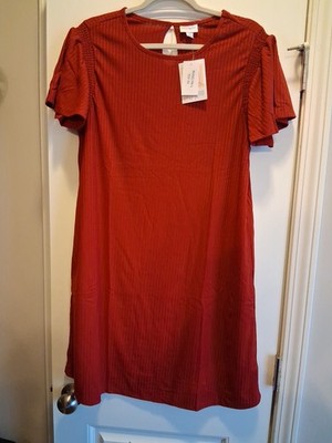LuLaRoe Roselyn  Smocked Flutter Sleeve Dress - Large - Red Ribbed Knit