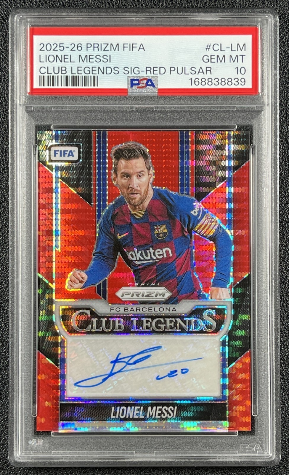 POP 1! LIONEL MESSI PSA 10 2025 PANINI PRIZM FIFA CLUB LEGENDS AUTO RED PULSAR view 1