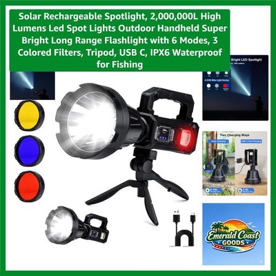 Portable 2 Million Lumens Spotlight - Waterproof, Rechargeable & Tripod Included