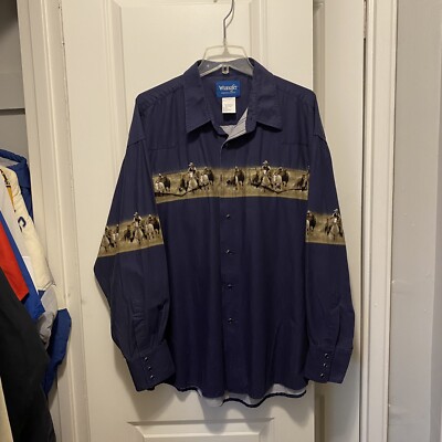 Vintage Wrangler Western Shirt Horses Pearl Snap Button Up