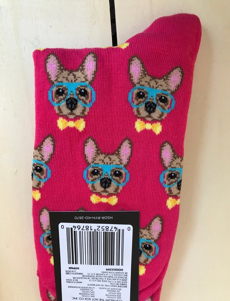 Smart Frenchie 小狗袜 粉色 Crew 新奇女式 尺寸 4-10 Hot Sox 罕见 — 第 4/4 张图片