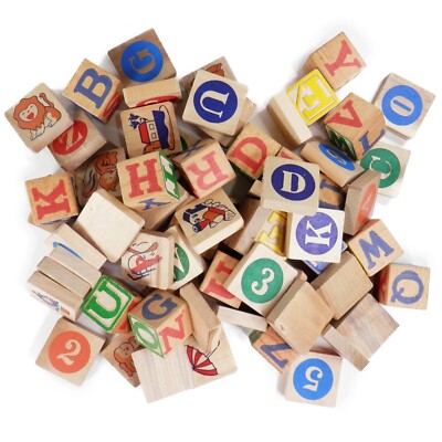 Vintage 1960s 68 Pieces Wooden Painted Alphabet Number Picture Blocks 1.25'' Kids