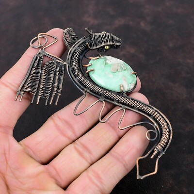Variscite Jewelry Copper Birthday Gift Wire Wrapped Dragon Pendant 4.53''