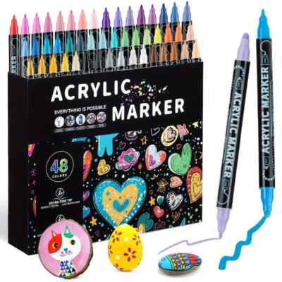 48 Farben Acryl Lackstifte Rock Marker Doppelspitze Glas Stein Holz Keramik NEU