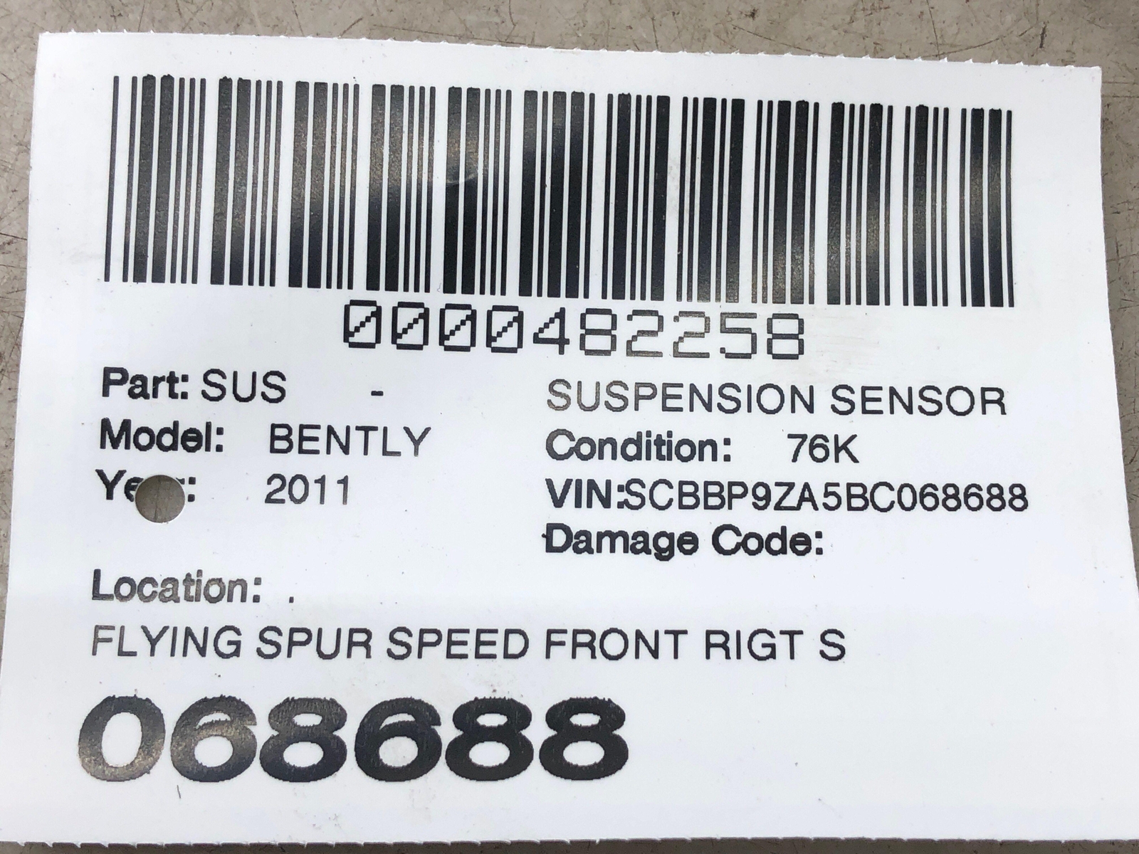 2006-2012 BENTLEY CONTINENTAL FRONT RIGHT SUSPENSION RIDE HEIGHT HEADLAMP SENSOR