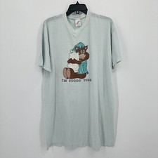 Vtg Jerzees Sleepy Bear Nightshirt One Size Blue Brown Graphic Print 1986 USA