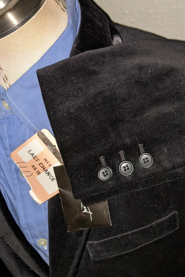 Nordstom Black Velvet Velour Smoking Dinner Satin Ticket M Tux Blazer Jacket - Image 2 of 4