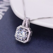 Crystal Square Pendant Necklace 925 Sterling Silver Women Girls Jewellery Gift