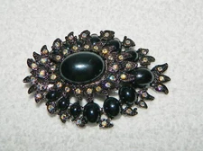 Large Gunmetal & Black Cabachon & Clear Rhinestone Brooch Pin