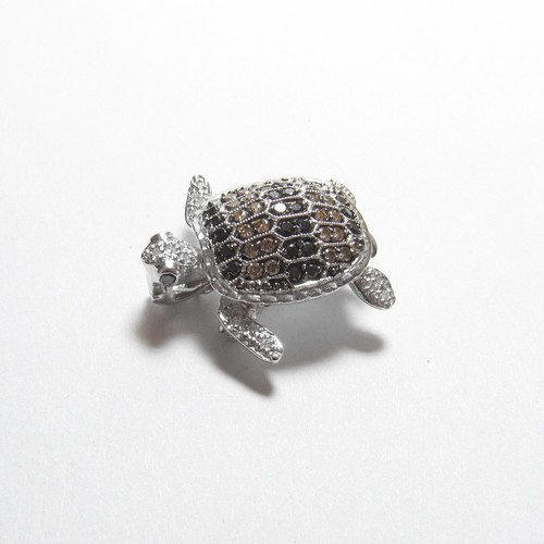 GC 14K White Gold Black, Cognac, White Diamond Sea Turtle Brooch Pendant 0.50 TW - Picture 2 of 4