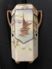 Vintage Nippon Handpainted Two Handled Vase  - Boat with Sail