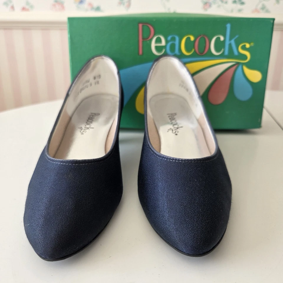 De colección 1992 Azul Marino Satinado Gatito Tacones 10B Pavo Real Suela Flexi Retro Con Caja EE. UU. Foto 2 de 4