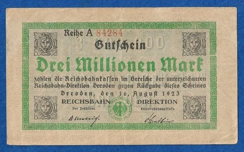 04 250 emergency money Reichsbahn-Direktion-Dresden 3 million Mark, 16.8.1923