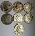 Roosevelt Dimes 1953, 1955-S, 1958-D, 1960-D, 1964 x3, Lot of 7 90% Silver Dimes