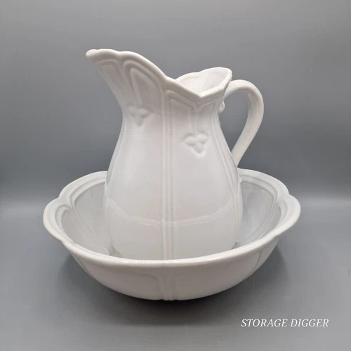 Vintage McCoy White Ceramic Pitcher 9.5" & Bowl 11" Set #7529, Made in USA