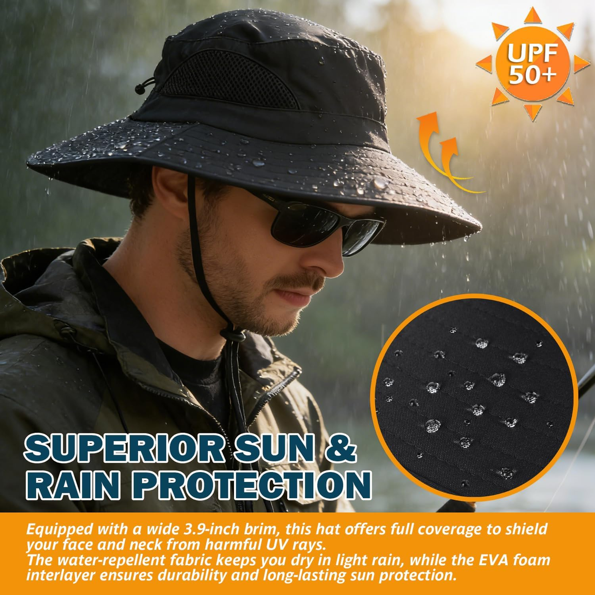 Wide Brim Sun Hat, UPF 50+ UV Protection Waterproof Packable 