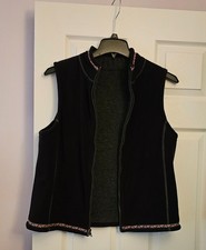 Women's Black Fleece Reversible Vest W/ Embroidered Trim Zipper Closure Size M