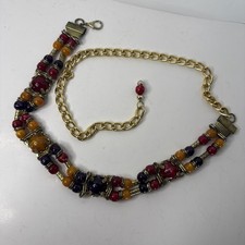 Vtg Statement Belt Chunky Beaded Gold Tone Chain Link Southwest/Boho