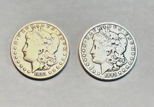 Lot of 2 Morgan Silver Dollars, 1881-S and 1885 -P, Good Condition, 90% Silver