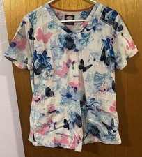 Dickies Brand Woman  s Scrub Top White With Butterflies Size M