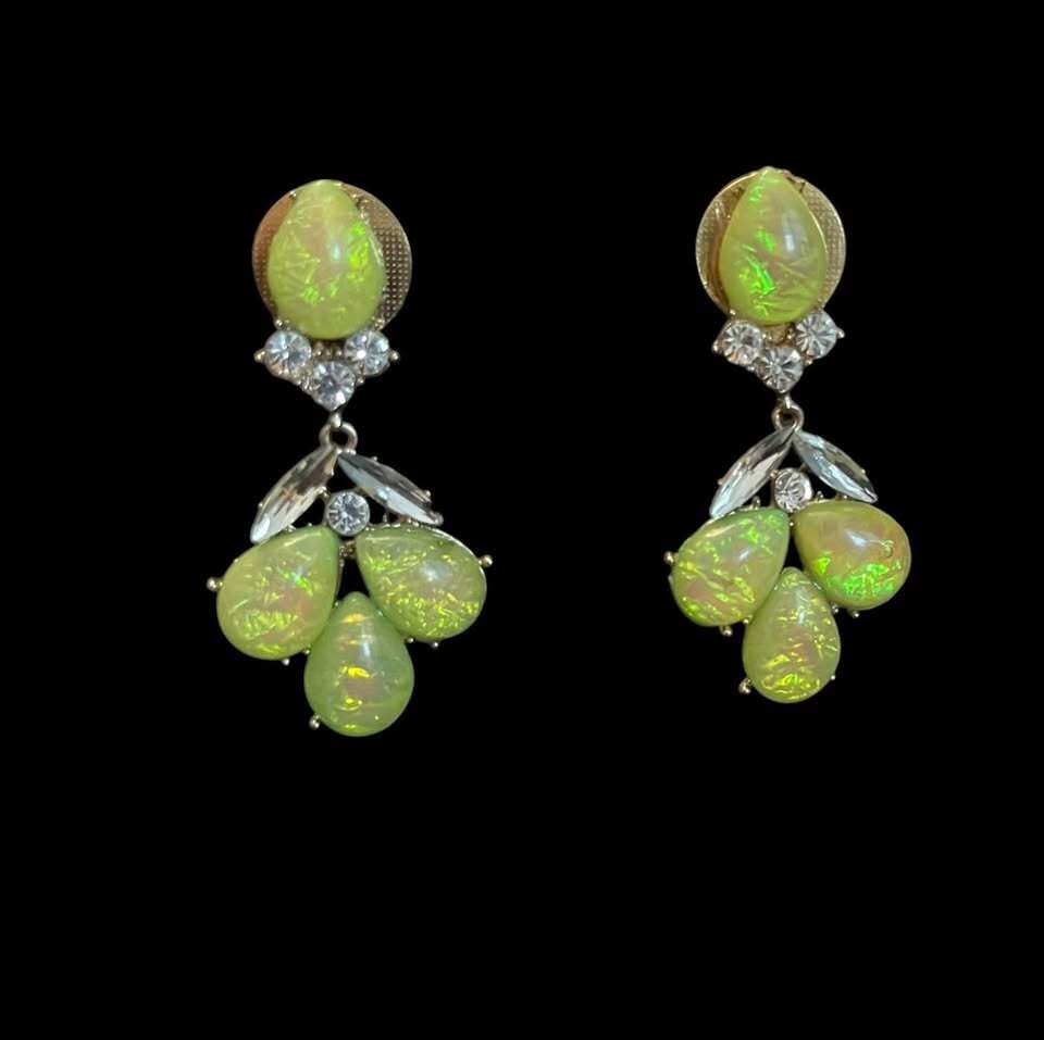 Vintage Yellow Faux Opal Rhinestone Clip-On Earrings