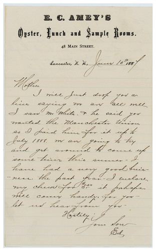 1888 Lancaster NH Letter from Ed at E.C. Amey’s Oyster Lunch Rooms to His Mother