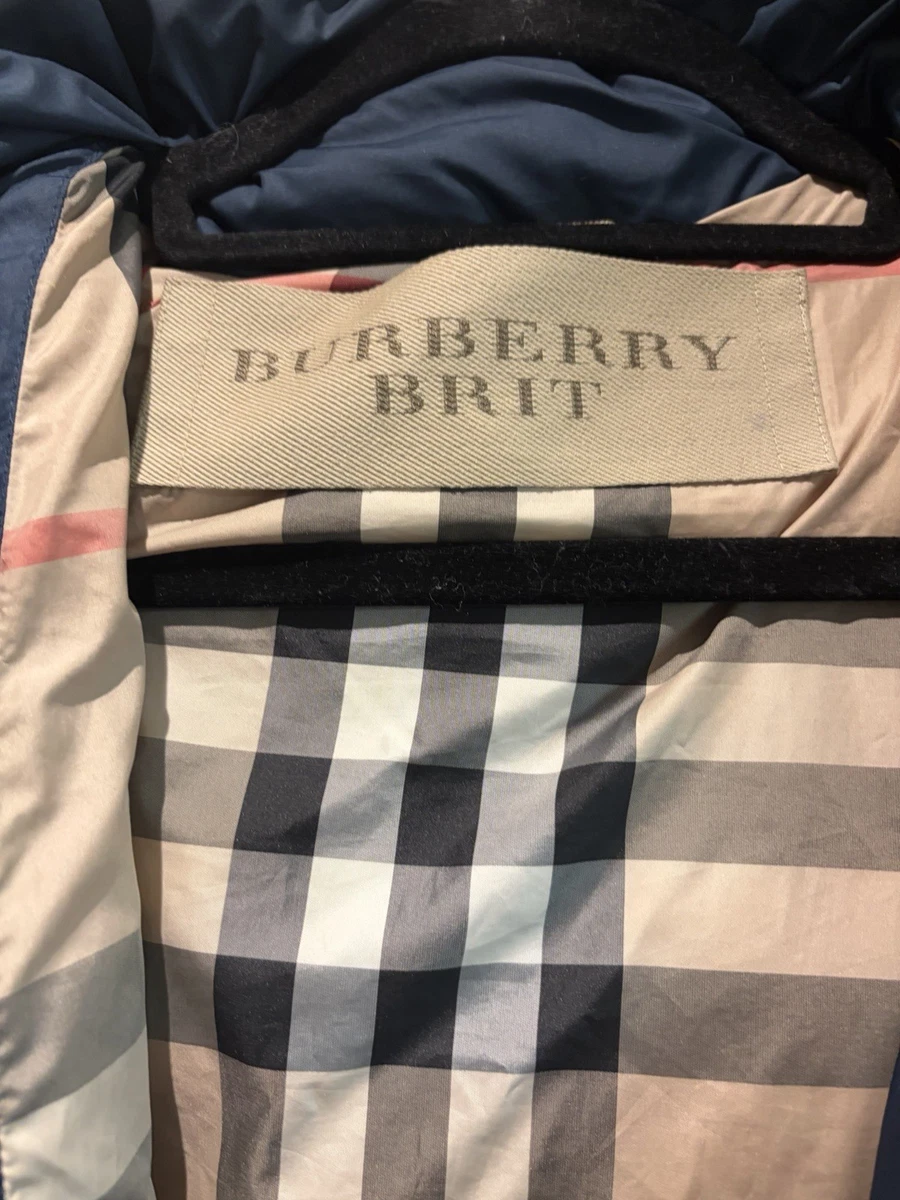 Abrigo acolchado Burberry Brit para mujer Winterley azul con cinturón y capucha forrado a cuadros M