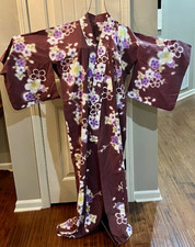 Vintage Japanese Ladies Kimono Kansai Yukata Brown, Purple Yellow Flower Cotton