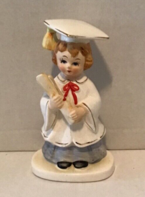 【RT-160930】 卒業式 Vintage Lefton Figurine Girl Graduating Diploma White Gown Blue