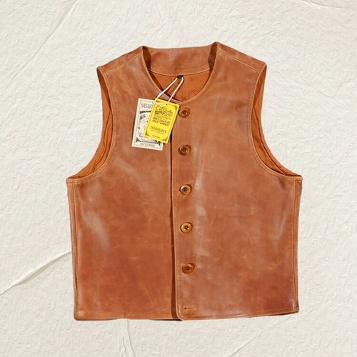 Mens Retro Waistcoat Vest Waxed Horsehide Horse Leather American Vintage Style - Picture 14 of 27