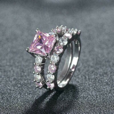 2CT Princess Cut Pink Sapphire Lab Created Bridal Ring Set 14K White Gold  Plated