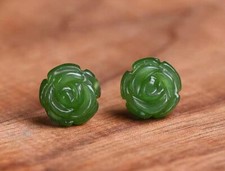 Hand Carved Green Jade Rose Flower Healing Dainty Elegant Stud Women Earrings